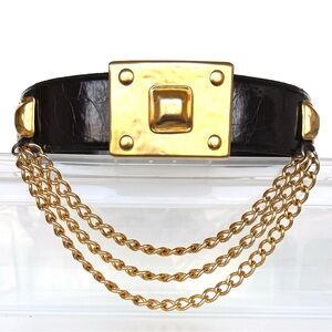 Avignon Vintage Black Leather Gold Tone Chains Link Belt Size S Statement Runway